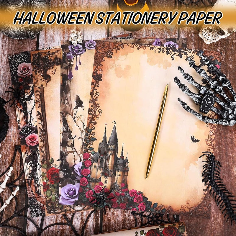 Whaline 60 Sheet Halloween Stationery Paper 4 Gothic Style Border Letterhead Vintage Skull Rose Castle Writing Paper for Invitation Office Printing, 8.5 x 11 Inch, Double-Sided - Image 4